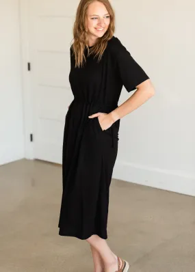 Black Drawstring T-Shirt Midi Dress