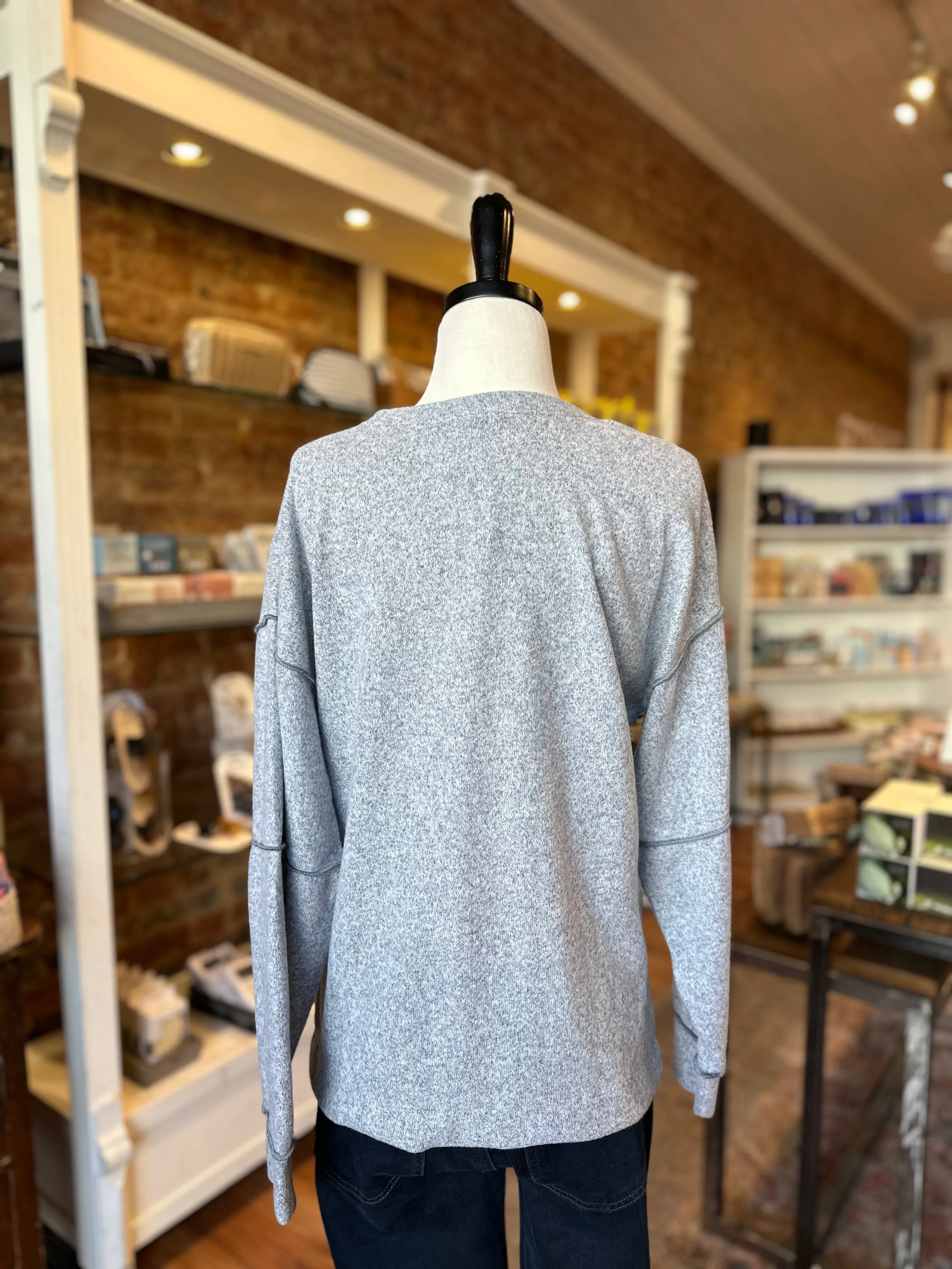 Brushed Exposed Seam Long Sleeve Top in Grey