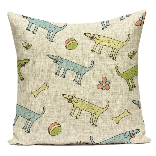 Sausage Dog Print Cotton Linen Pillow Covers