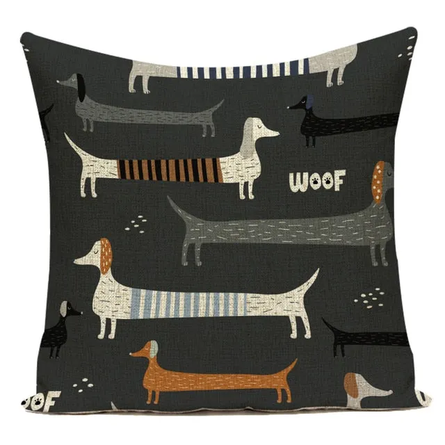 Sausage Dog Print Cotton Linen Pillow Covers