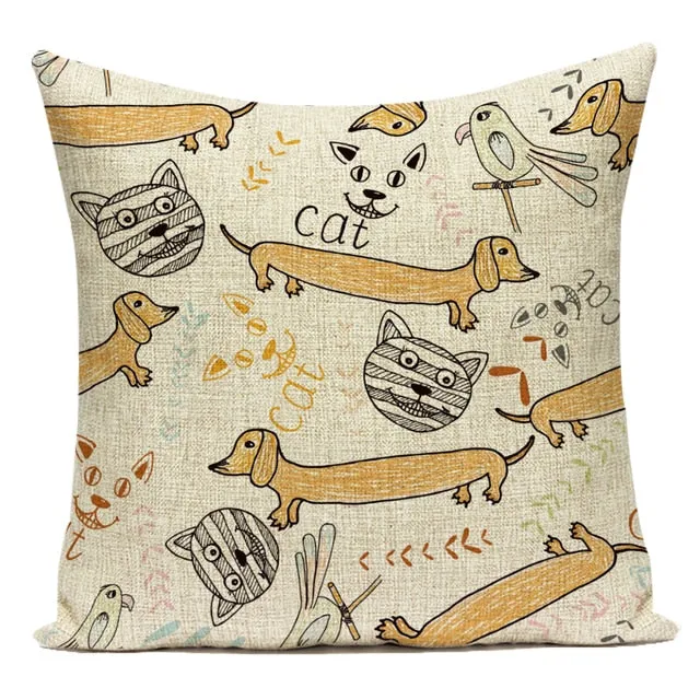 Sausage Dog Print Cotton Linen Pillow Covers