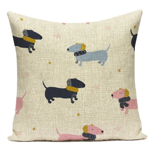 Sausage Dog Print Cotton Linen Pillow Covers