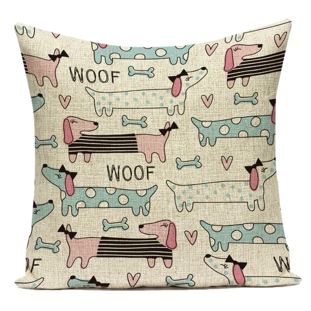 Sausage Dog Print Cotton Linen Pillow Covers