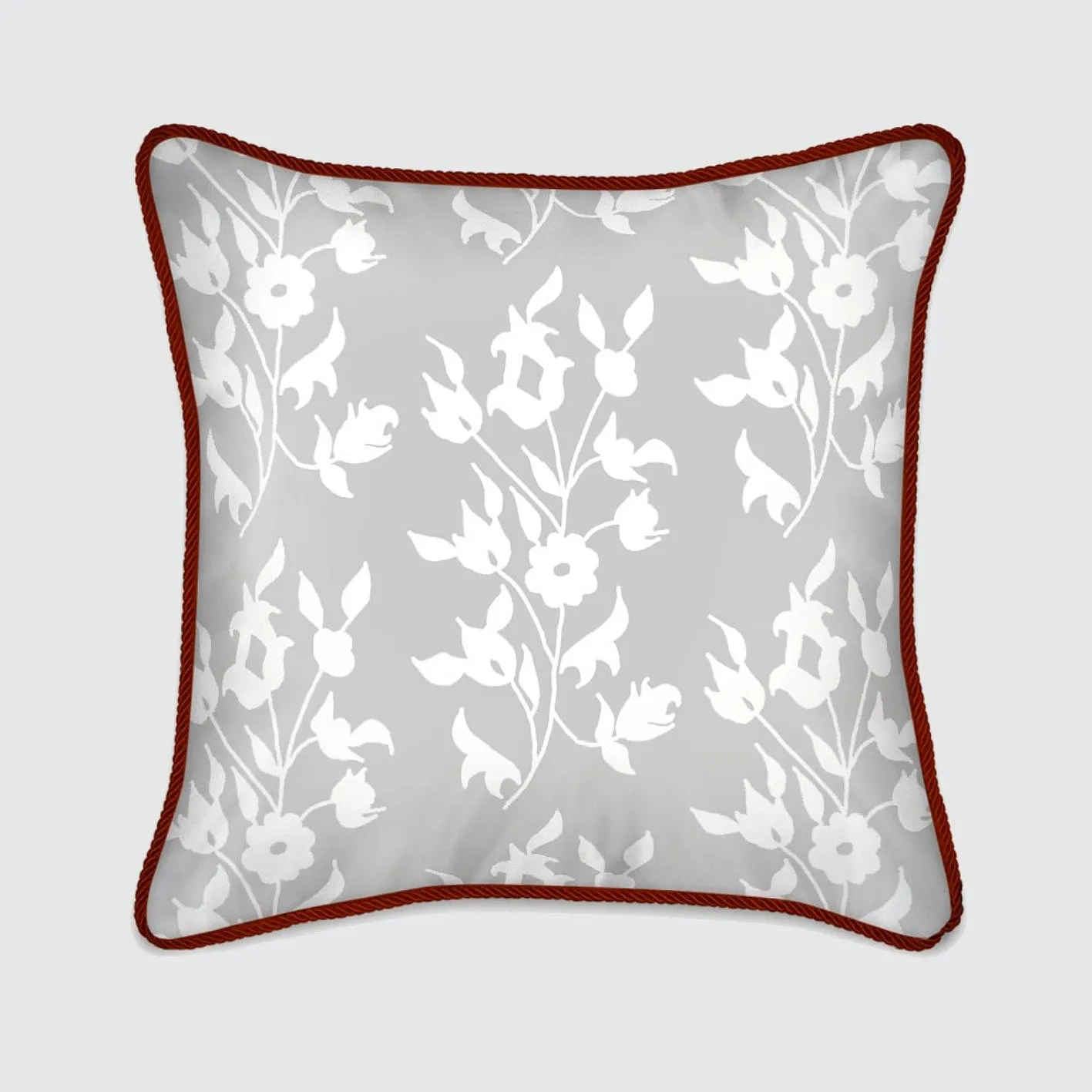 Silk Cushion - White Foliage On Grey